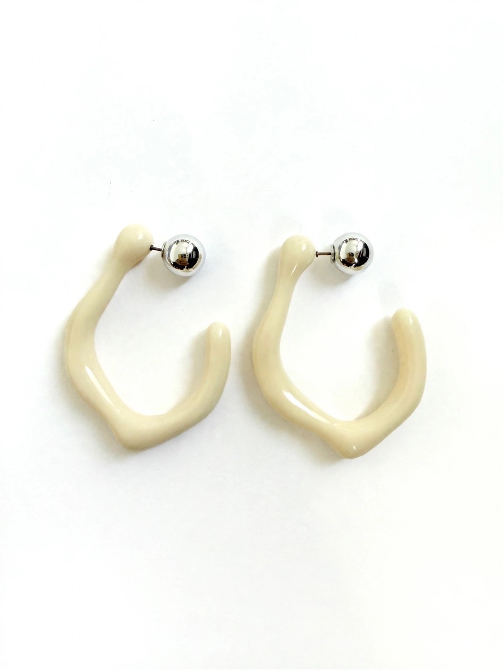 New Cream Wavy Hoop Front-Back Stud Earrings S925 Posts For Women E094